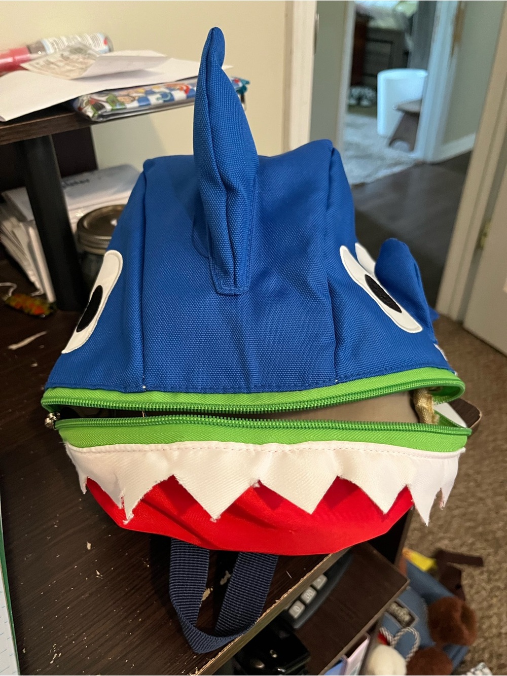 Blue Shark Kids Backpack with Red Mouth and White Teeth